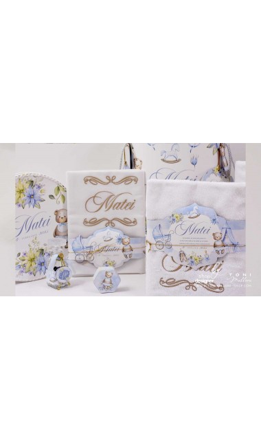 Trusou botez cu ursuleti ponei si flori albastre Teddy Bear Blue 22